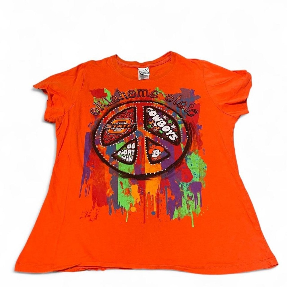 Orange Oklahoma State University graphic tee with bedazzled peace sign